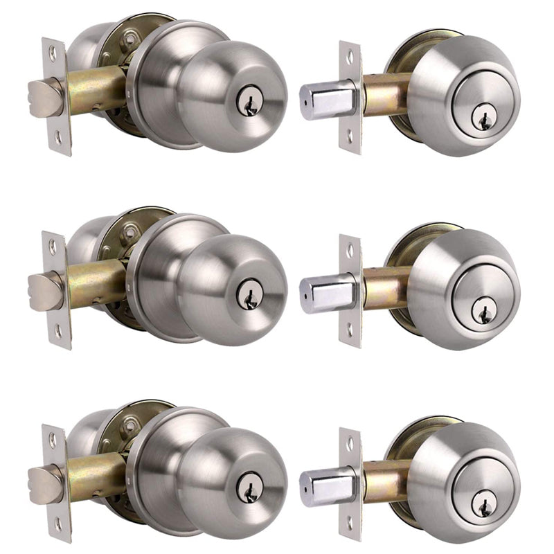3 Pack-Entry Door Knob and Deadbolt Lock Set, handleset with