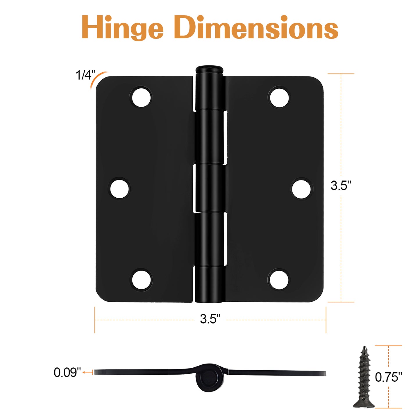 Interior Door Hinges Black, 3.5 X 3.5 Inch Door Hinges Rounded 5/8" Radius Corners, 1/4" Radius Corner, Square Corner DH3535