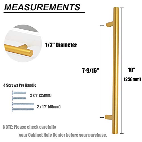 Brass Stainless Steel T Bar Cabinet Handles Gold Finish, 7-9/16"(192mm) Hole Centers Cabinet Pulls