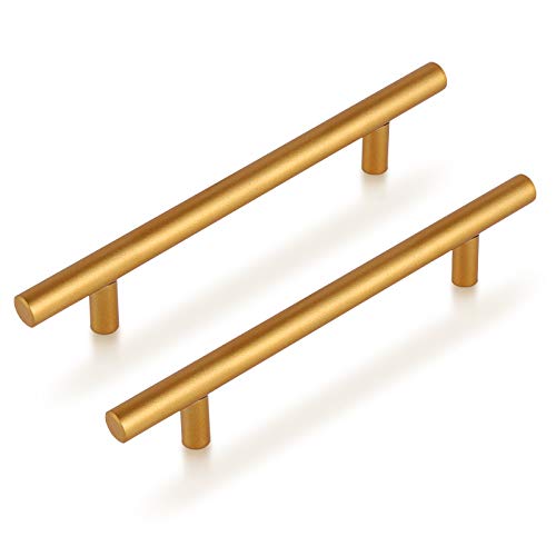Brass Stainless Steel T Bar Cabinet Handles Gold Finish, 5"(128mm) Hole Centers Cabinet Pulls