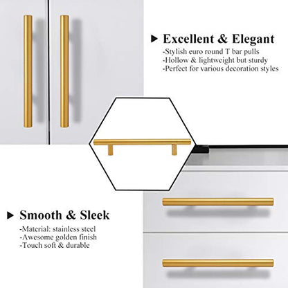 Brass Stainless Steel T Bar Cabinet Handles Gold Finish, 5"(128mm) Hole Centers Cabinet Pulls