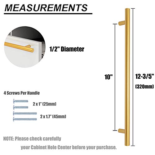 Brass Stainless Steel T Bar Cabinet Handles Gold Finish, 10"(256mm) Hole Centers Cabinet Pulls