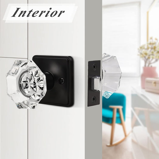 Octagon Crystal Door Knobs with Black Square Rosette, Passage Door Lock