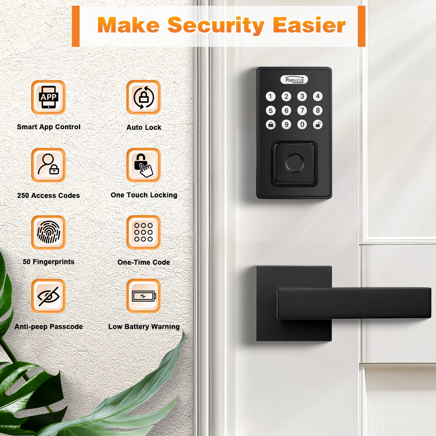 Probrico Smart Keyless Entry Door Lock Deadbolt with Handle Set, Black Fingerprint Door Deadbolt Lock Electronic Digital Door Lock