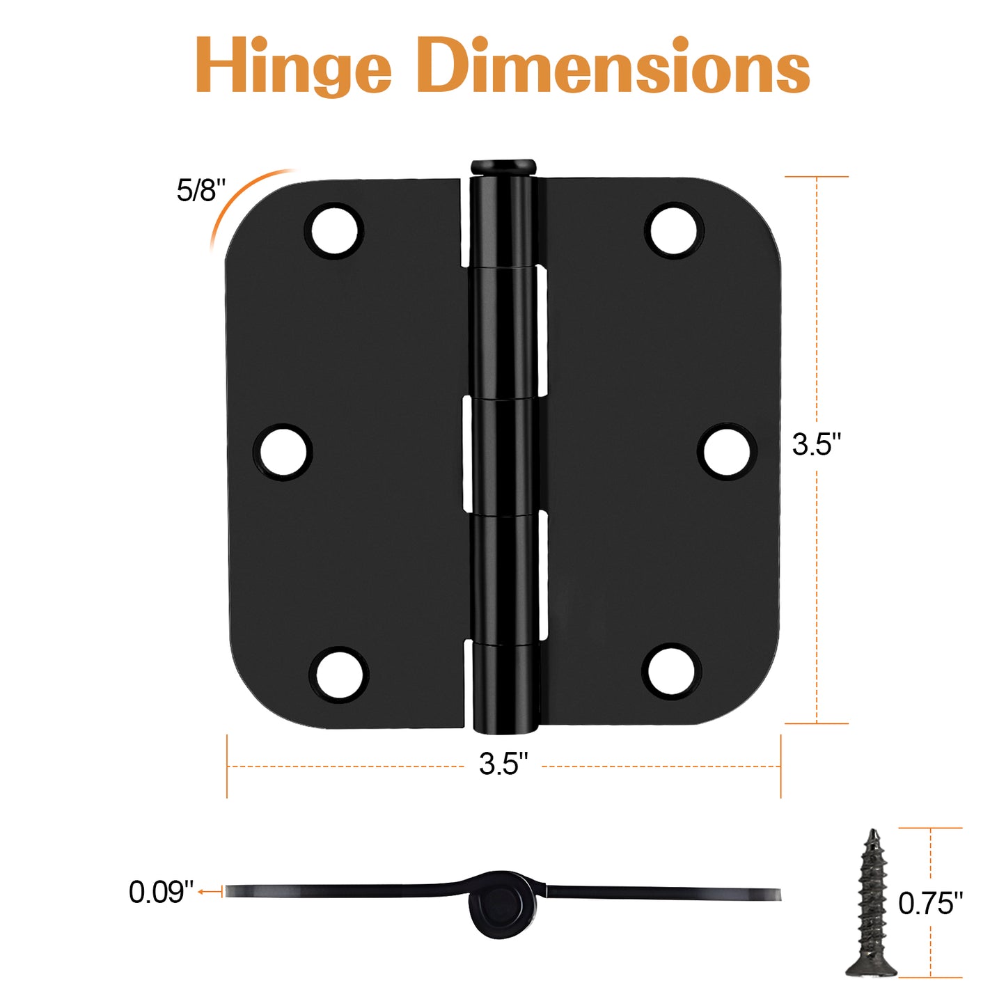 Interior Door Hinges Black, 3.5 X 3.5 Inch Door Hinges Rounded 5/8" Radius Corners, 1/4" Radius Corner, Square Corner DH3535