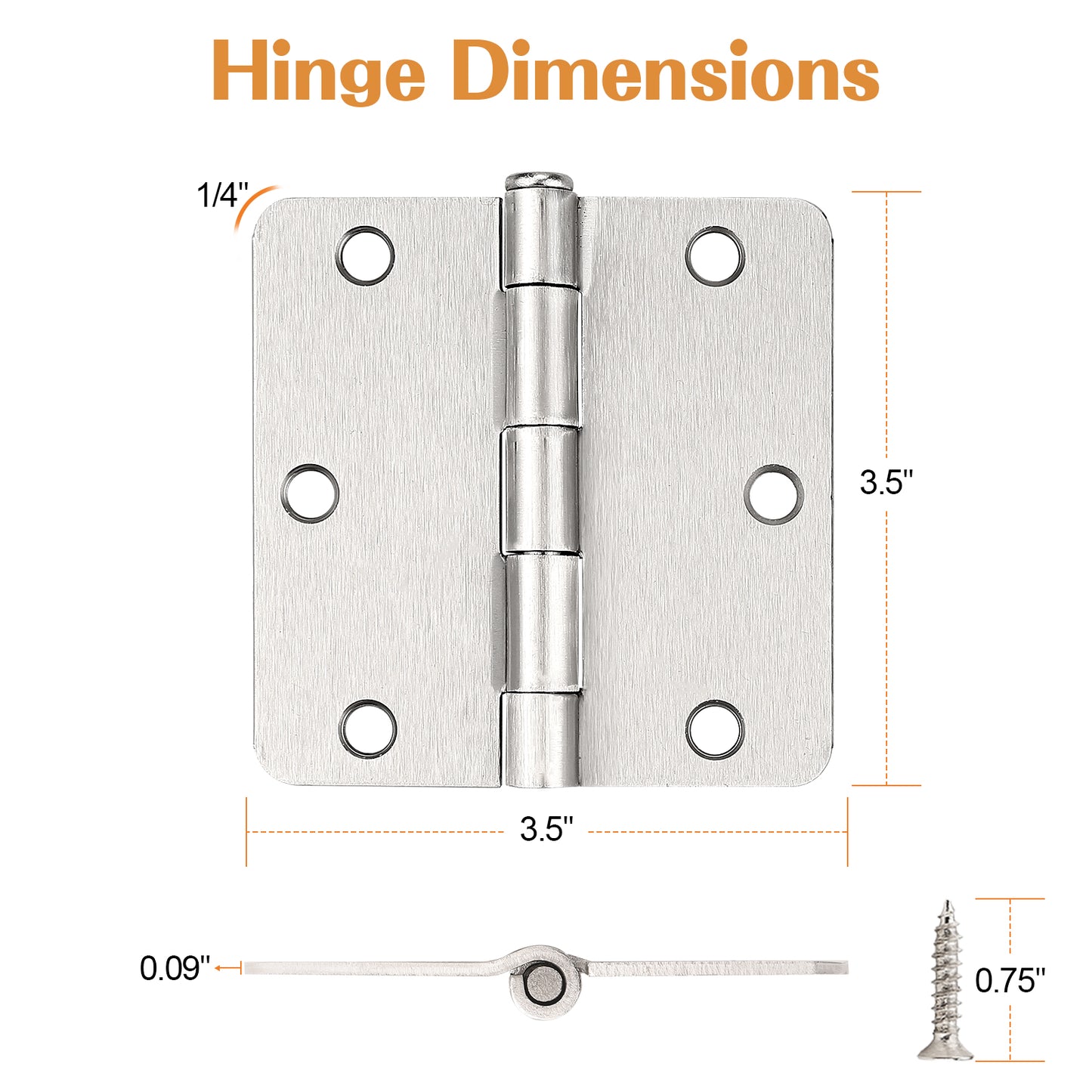 Interior Door Hinges Brushed Nickel Satin Nickel, 3.5 X 3.5 Inch Door Hinges Rounded 5/8" Radius Corners, 1/4" Radius Corner, Square Corner DH3535