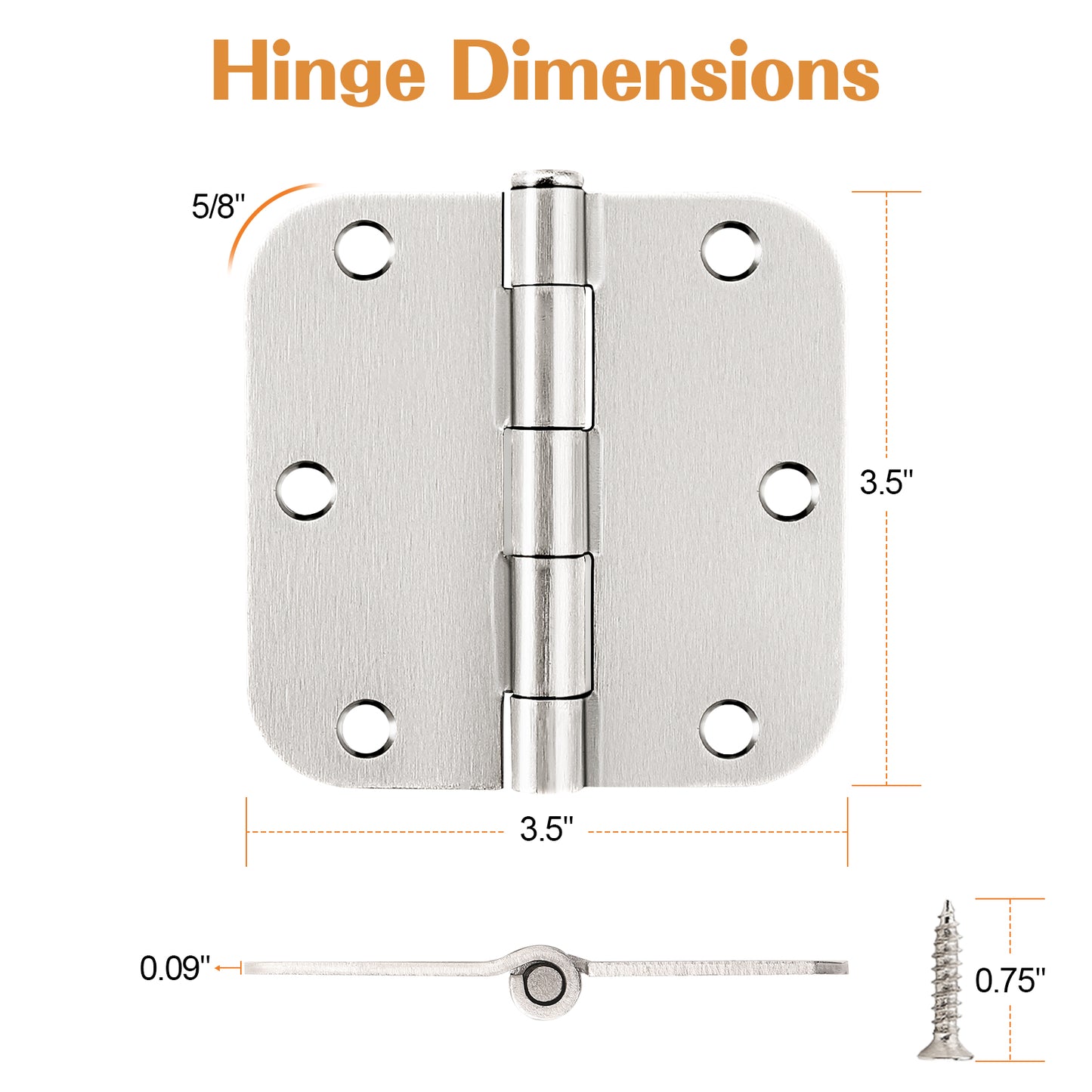 Interior Door Hinges Brushed Nickel Satin Nickel, 3.5 X 3.5 Inch Door Hinges Rounded 5/8" Radius Corners, 1/4" Radius Corner, Square Corner DH3535