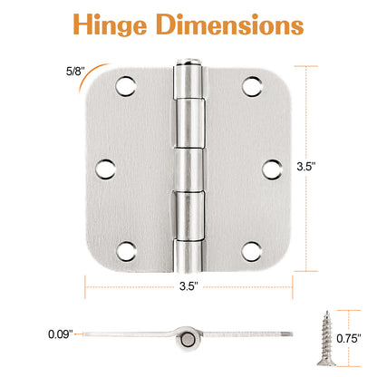 Interior Door Hinges Brushed Nickel Satin Nickel, 3.5 X 3.5 Inch Door Hinges Rounded 5/8" Radius Corners, 1/4" Radius Corner, Square Corner DH3535