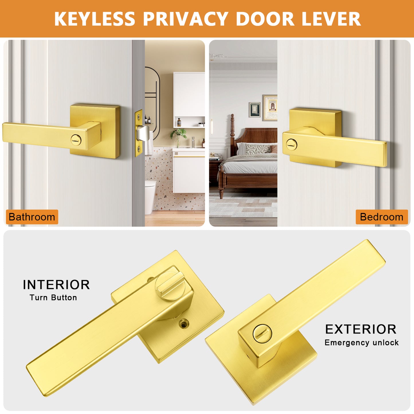 Heavy Duty Privacy Lock Door Levers Square Plate Gold Finish DL01GDBK