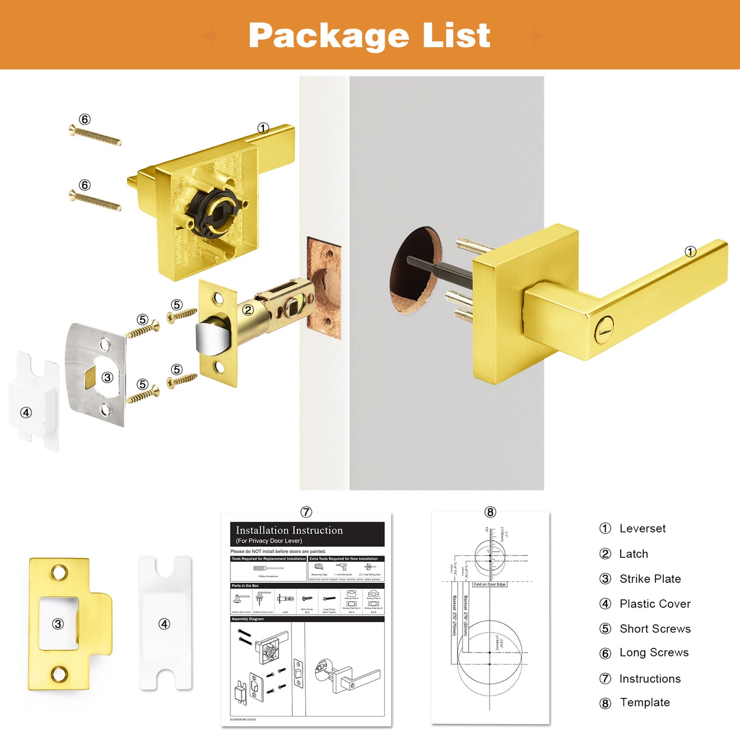 Heavy Duty Privacy Lock Door Levers Square Plate Gold Finish DL01GDBK