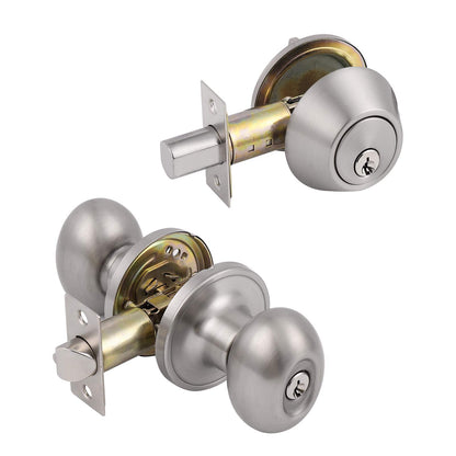 Probrico Door Knob and Double Cylinder Deadbolt, Brushed Nickel Exterior Door Deadbolt Lock Sets with Key, 1 Pack Deadbolt and Door Knob Set