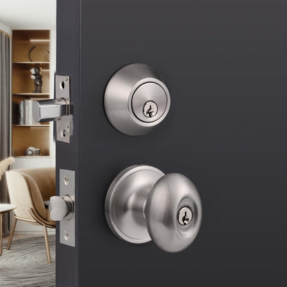 Probrico Door Knob and Double Cylinder Deadbolt, Brushed Nickel Exterior Door Deadbolt Lock Sets with Key, 1 Pack Deadbolt and Door Knob Set