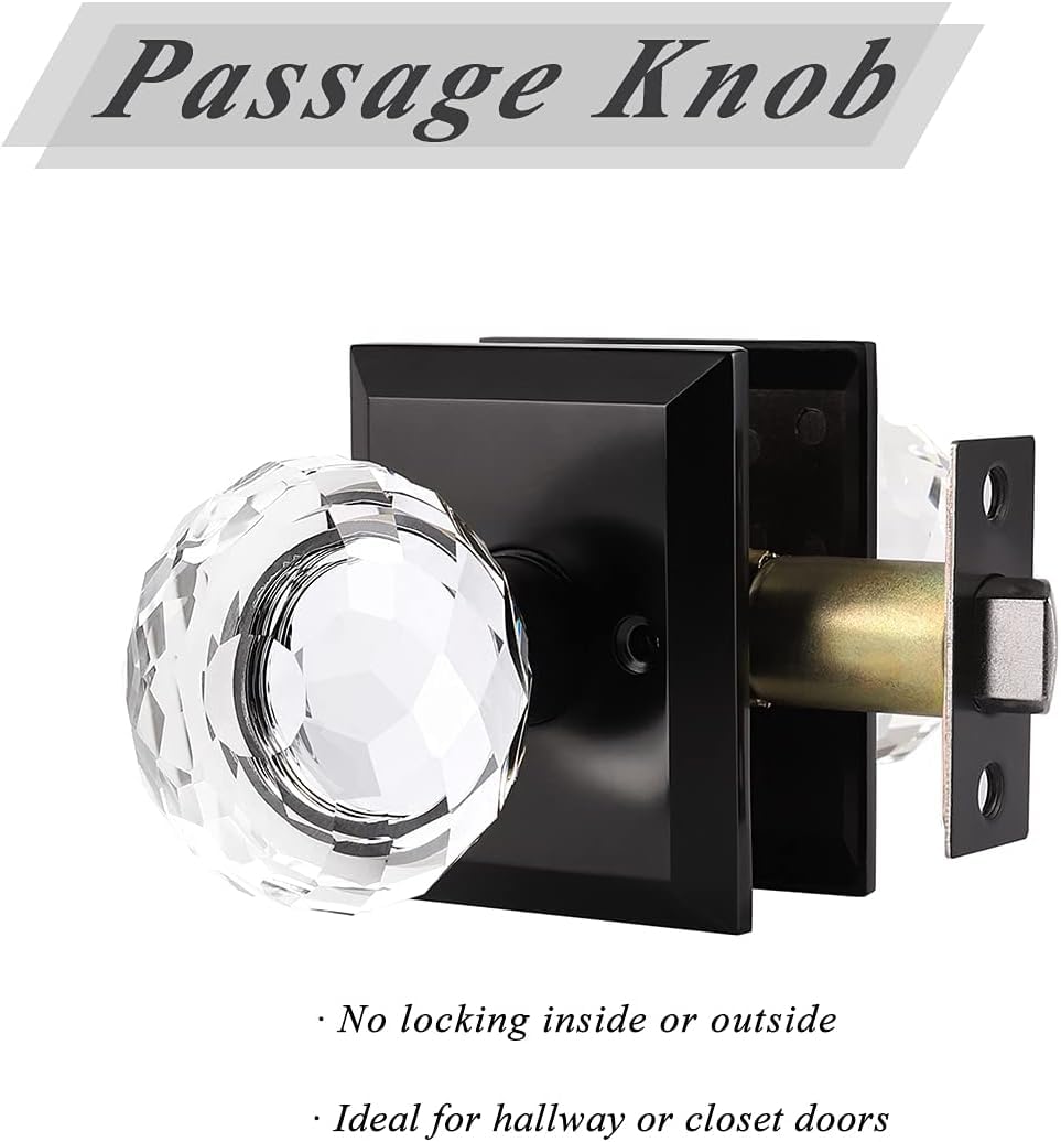 Probrico Black Door Knob Set, Keyless Interior Door Knobs with Round Diamond Shape Crystal Glass, Heavy Duty Passage Door Knobs for Closet and Hall Doors C10AO