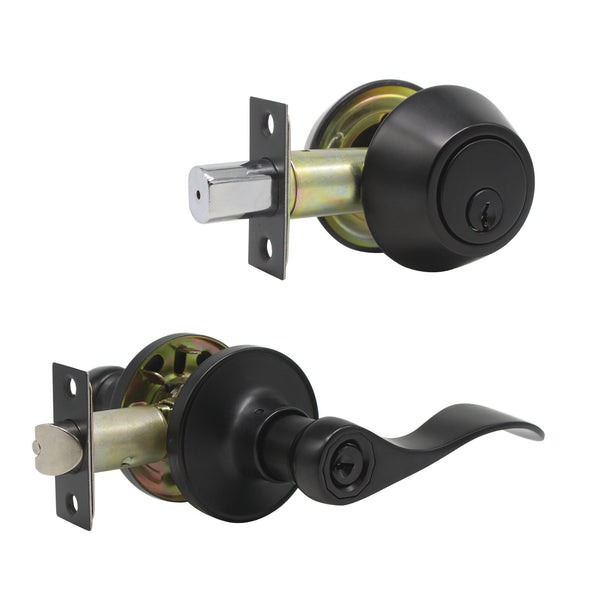 Wave Style Door Lever Lock with Double Cylinder Deadbolt Combo Packs Black  Finish - Keyed Alike DL12061ET-102BK