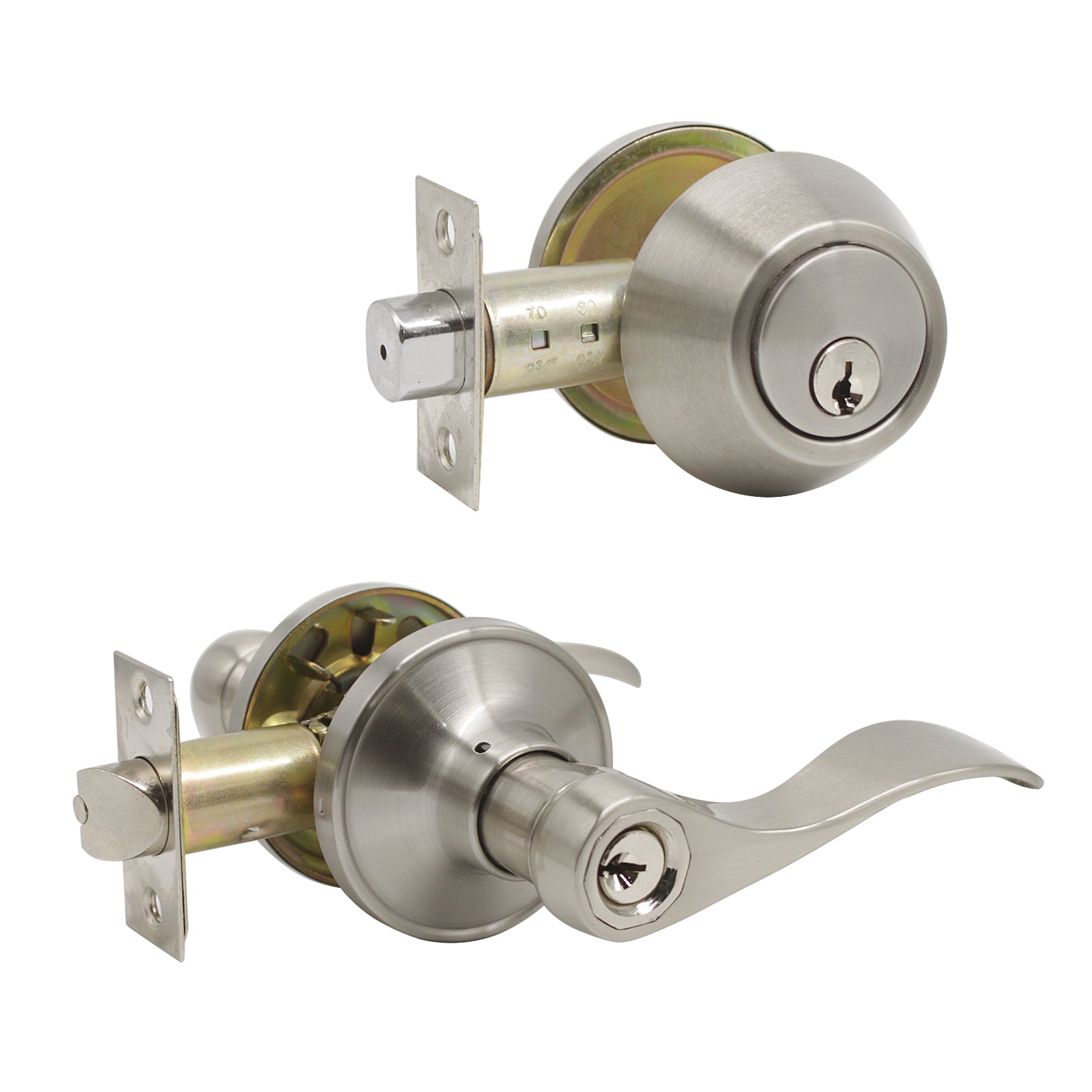 Keyed Entry Leverset Lock with Single Cylinder Deadbolt Satin Nickel F  Probrico