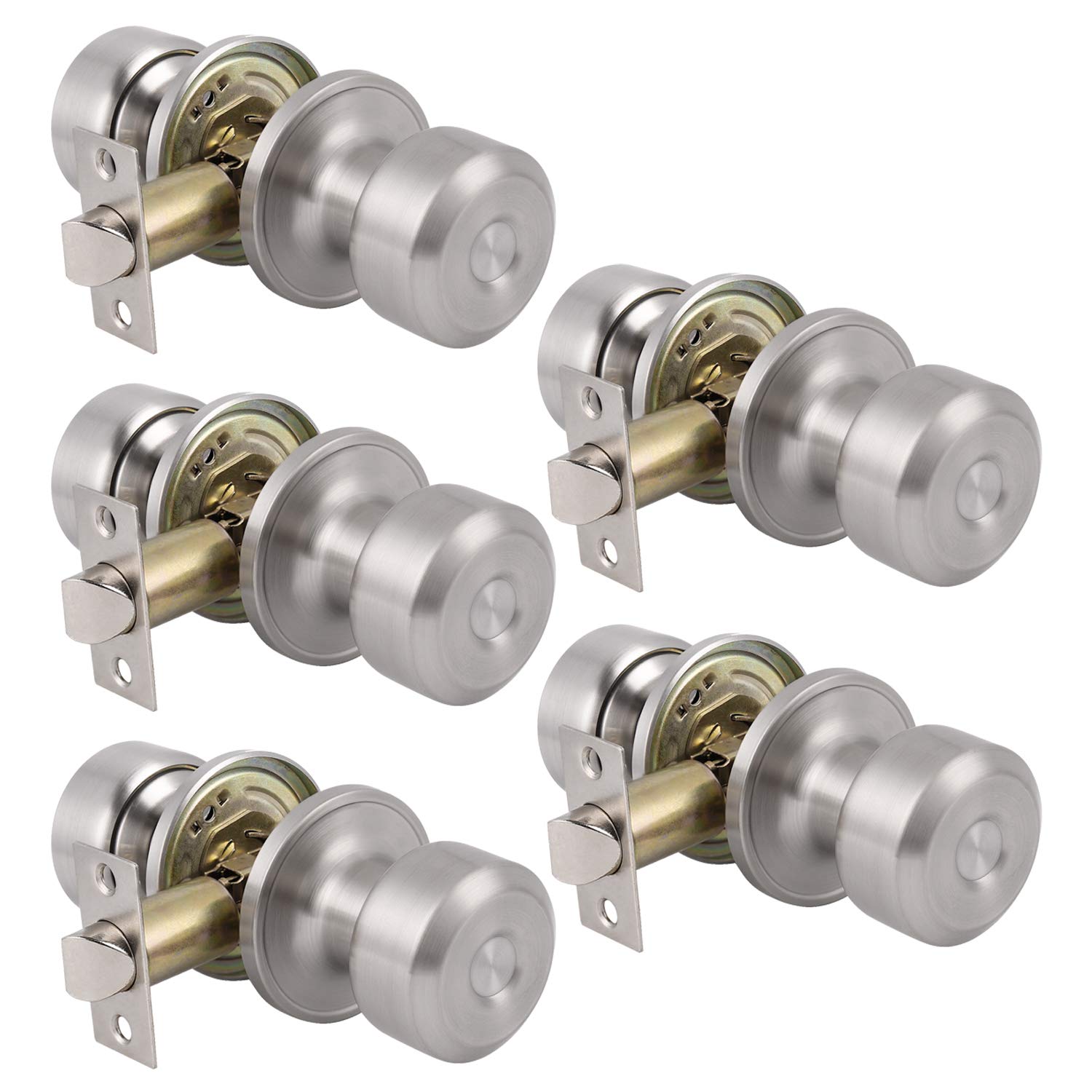 Probrico Satin Nickel Closet Hallway Passage Door Knob with Universal Latch 5 Packs - Probrico