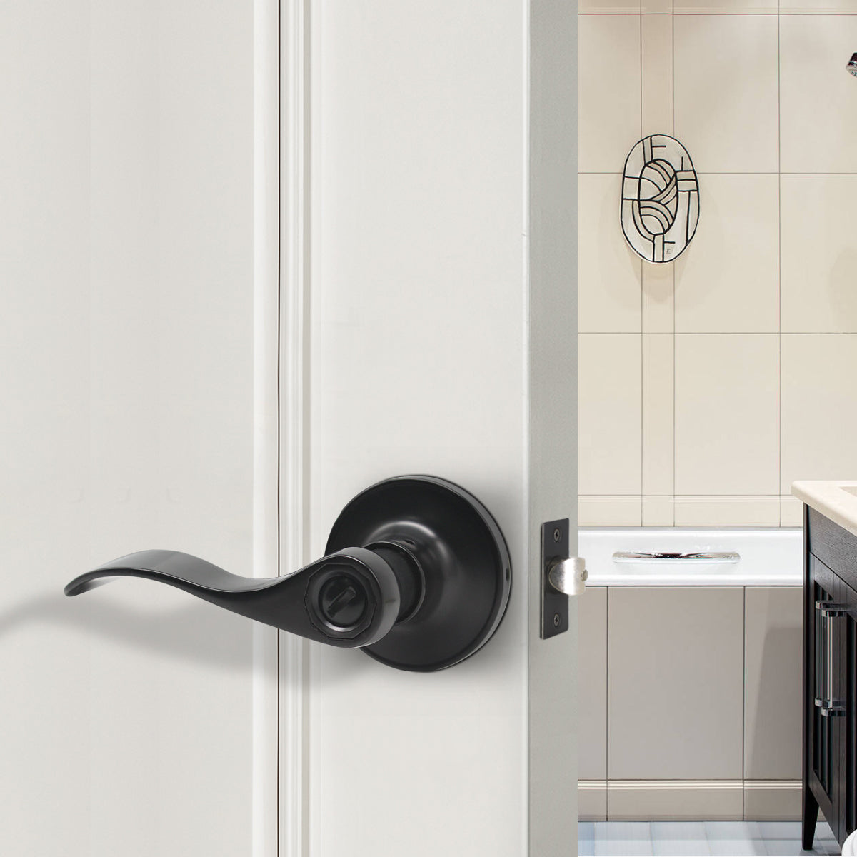 Black Door Handles Wave Style Levers, Privacy Door Lock Function