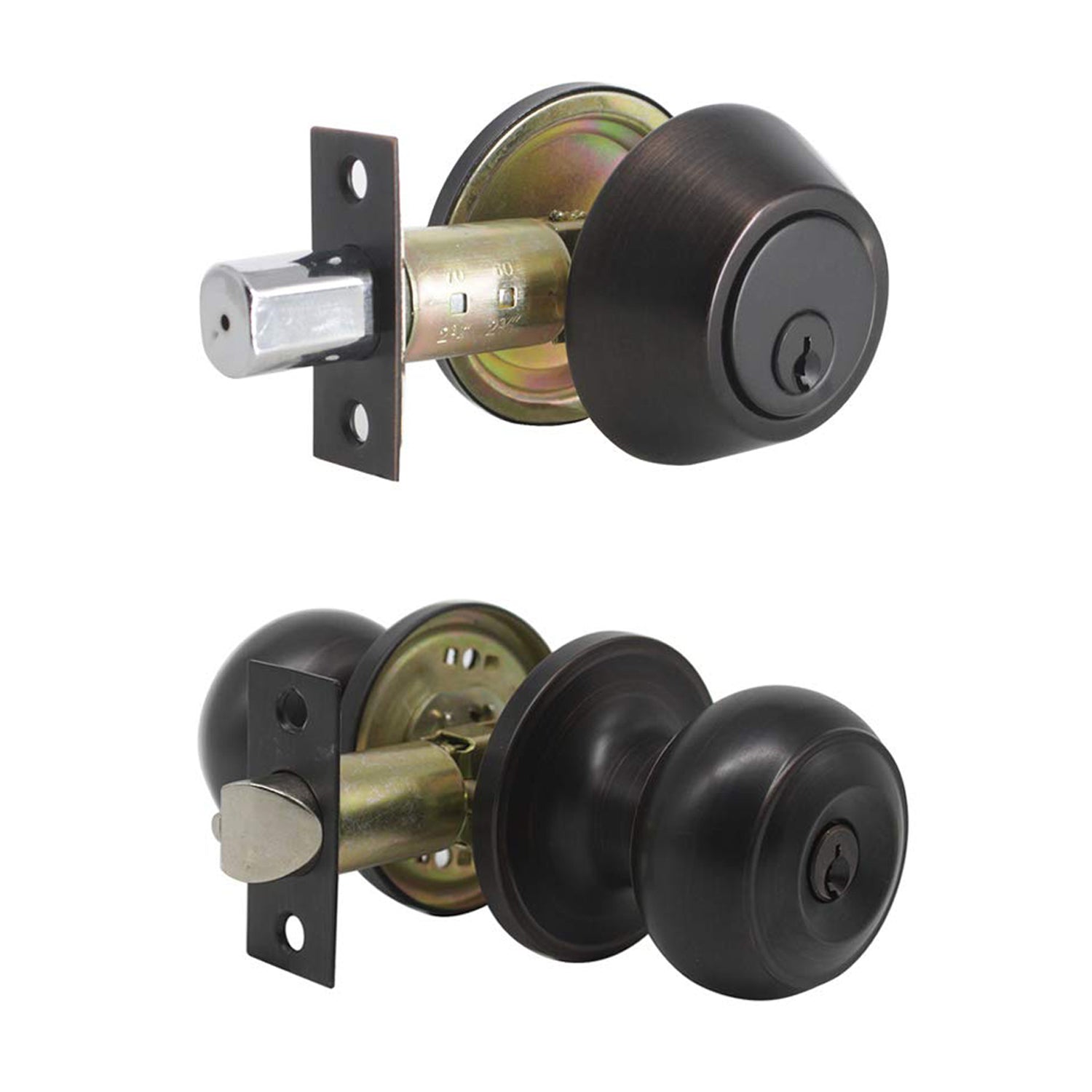 Flat Ball Door Knob Lock with Double Cylinder Deadbolt Keyed Entry